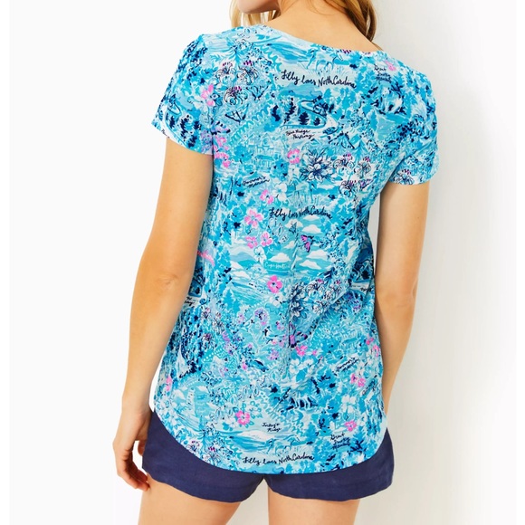 Lilly Pulitzer Etta V-Neck Top-Lilly loves North Carolina Blue Peri NWT In Pack - Picture 3 of 9